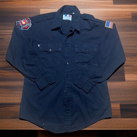 VINTAGE 70s Fire Department Button Up Size 34 Mens Patched Black Uniform - Picture 1 of 5